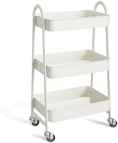 NEWBULIG 3-Tier Metal Rolling Cart with Lockable Wheels, Heavy Duty Mobile Utility Storage Shelf, Roller Book Snack Cart, Organization for Livingroom, Bathroom, Office, White by NEWBULIG