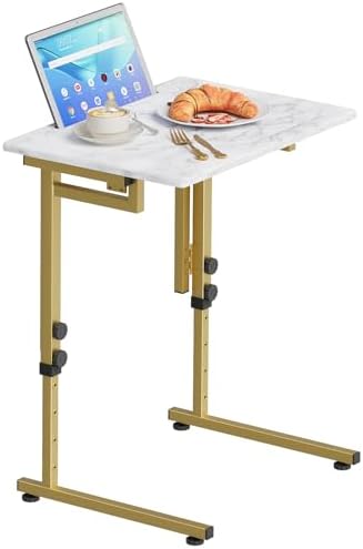 Folding tv Tray Dinner Snack Table,6 Height Adjustable Slide Under Couch Side Table, Portable Small Foldable C-Shaped End Table for Eating with Sturdy MDF Top,No Assembly(White Marble+Gold) by Katrawu