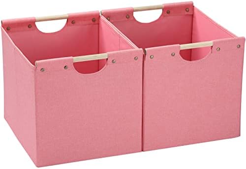 HOONEX Large Foldable Storage Bins, Linen Fabric, Pack of 2, Storage Baskets with Wooden Carry Handles and Sturdy Heavy Cardboard, for Home, Office, Car, Nursery, Pink by HOONEX