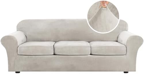 H.VERSAILTEX Velvet 4 Piece High Stretch Sofa Slipcover Cover Furniture Protector Form Fit Luxury Thick Velvet Extra Large Sofa Cover for 3 Cushion Couch Width Up to 105 Inch (XL Sofa, Oatmeal) by HVERSAILTEX