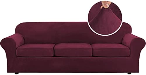 H.VERSAILTEX Velvet 4 Piece High Stretch Sofa Slipcover Cover Furniture Protector Form Fit Thick Velvet Extra Large Sofa Cover for 3 Cushion Couch Width Up to 105 Inch(XL Sofa, Wine/Burgundy) by HVERSAILTEX