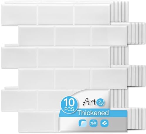 Art3d 10-Pack Subway Peel and Stick Backsplash, White Washed, 12 x 12 Inch by Art3d