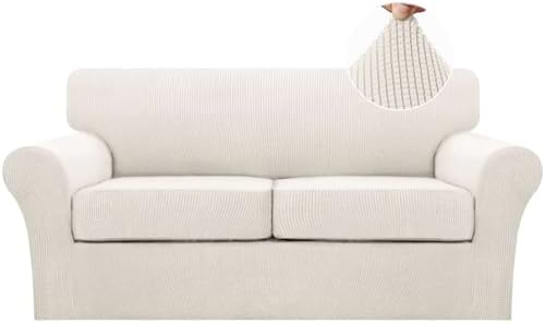 Turquoize 3 Piece Sofa Covers For 2 Cushion Couch Sofa Slipcover Soft Couch Cover For Dogs-Washable Sofa Furniture Covers With 2 Individual Cushion Covers, Feature Thick Fabric (2 Cushion Sofa, Ivory) by Turquoize
