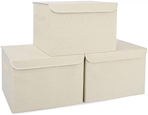 Bagnizer Large 42 Quarts Collapsible Stackable Storage Bins Cube with Lids [3-Pack] Foldable Fabric Linen Storage Boxes, Closet Organizer Baskets with Label for Home (16.7 x 12 x 12, Beige) by Bagnizer