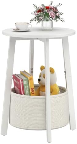 sthmec Small Round Side End Table with Cloth Storage Basket, Round Bedside Sofa Couch Coffee Tables for Small Places with Metal Frame, Modern Nighstands for Living Room Bedroom,White by Unknown