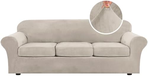 H.VERSAILTEX High Stretch Sofa Slipcover 4 Piece Cover Velvet Furniture Protector Form Fit Thick Velvet Extra Large Sofa Cover for 3 Cushion Couch Width Up to 97 Inch (Large Sofa, French Oak) by HVERSAILTEX
