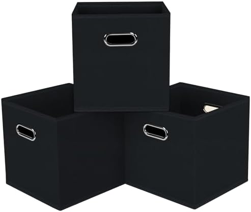 Black Foldable Storage Cubes Bins, Fabric Storage Box Cubes Organizer Baskets with Dual Handles for Home Organizer,Set of 3,(Black) by HEAYEEG