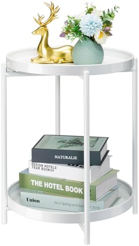 Danpinera 2 Tier Metal Side Table with Removable Tray - Round Accent Table, Anti-Rust White Nightstand for Bedroom, Balcony, Patio by danpinera