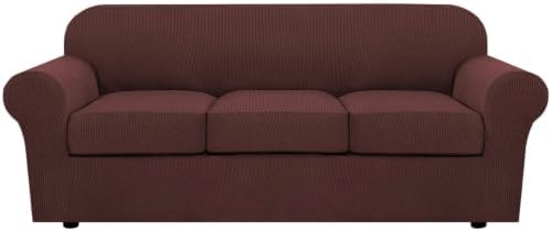 H.VERSAILTEX 4 Piece Stretch Sofa Covers for 3 Cushion Couch Covers for Living Room Furniture Slipcovers (Base Cover Plus 3 Seat Cushion Covers) Upgraded Thicker Jacquard Fabric (Sofa, Burnt Brick) by HVERSAILTEX