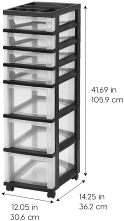 IRIS USA Plastic Drawer Storage Organizer Rolling Cart, with Wheels Casters, 7-Drawers, for Classroom Art Craft Supplies Dresser Closet Bathroom Laundry Room, Black/Clear - Image 3