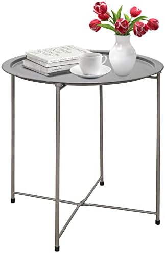Garden 4 you End Table Metal Side Table Grey Round Folding Tray Cyan Sofa Small Accent Fold-able Table, Round End Table Tray, Next to Sofa Table, Snack Table for Living Room and Bed Room by Garden4you