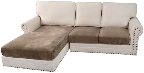H.VERSAILTEX Velvet Stretch Sectional Couch Covers 3 Pieces Sofa Seat Cushion Covers L Shape Separate Couch Cover for Both Left/Right Sectional Couch (Large Sofa 2 Seater + 1 Chaise, Mocha) by HVERSAILTEX