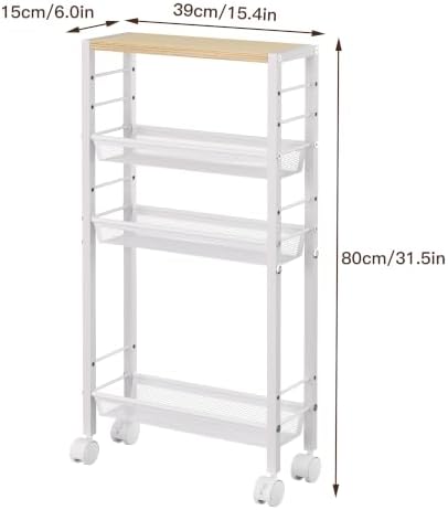 Slim Rolling Cart, 4-Tier Narrow Kitchen Storage Cart, Slim Utility Cart on Wheel, Skinny Bathroom Storage cart with Wood Tabletop, 6.0" Deep, for Kitchen, Living Room, Laundry Room, White - Image 2