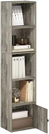 Furinno LUDER Book Shelf, 5-Tier Modern Bookshelf, Bookcase with 1 Door Storage Cabinet, 9.3 x 12 x 52, for Organization and Storage, for Living Room, Bedroom, Home Office, French Oak by Furinno-FitsYourSpaceFitsYourBudget