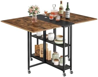 CHOEZON Folding Dining Table, Movable Dining Table, Expandable Kitchen Table, Versatile Table with 6 Wheels and 2-Tier Shelf, for Dining, Living Room, Apartment, Rustic Brown TCZ01BF by Choezon