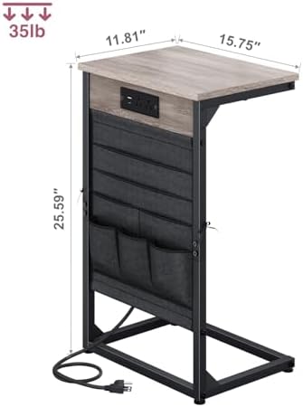 C-Shaped End Tables Set of 2, Small Couch Side Table with Fast-Charging Station, Sofa TV Tray Table with Storage Bag for Living Room, Bedroom, Bedside ET-GY-W2 - Image 3