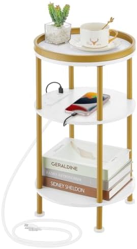 Small Round End Table with Charging Station, 3-Tier Accent Couch Beside Table with USB Ports & Power Outlets, Sofa Side Table for Living Room Small Nightstand Bedroom (USB Charger, White+Gold) by Zexvida