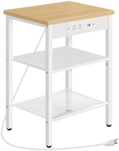 HOOBRO Side Table with Charging Station and USB Port, Small End Table for Small Space, 3-Tier Nightstand with Adjustable Shelf, for Living Room, Bedroom, Natural and White WN112BZ01 by HOOBRO
