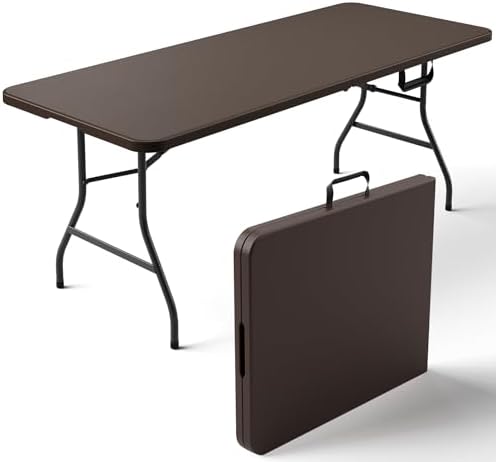 Folding Table 6FT Heavy Duty Plastic Table with Handle, Foldable&Portable, Fold-in-Half Utility Tables for Outdoor, Dining, Wedding, Events, Indoor, Picnic, Camping, Party,Brown by FoldingFurniture