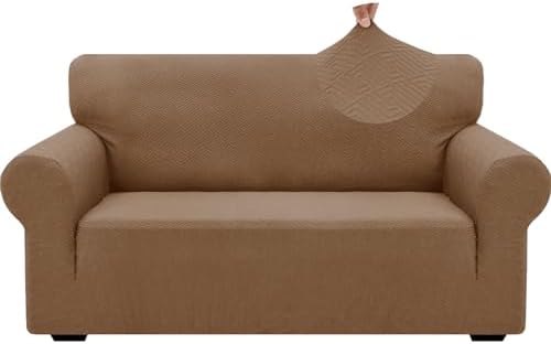 ZNSAYOTX 1 Piece Jacquard Couch Covers for 2 Cushion Couch High Stretch Loveseat Slipcover for Pets Dogs Anti Slip Love Seat Sofa Slipcover Furniture Protector (Medium,New Pattern Light Coffee) by ZNSAYOTX
