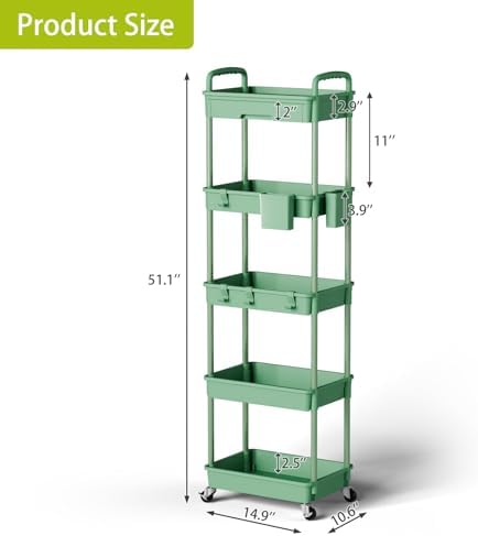 Sorgion 5 Tier Rolling Cart Organizer,Bathroom Cart Organizers with Wheels Laundry Room Organization Mobile Shelving Unit Utility Cart Storage Shelves Multi-Functional for Office, Home(Green) - Image 3