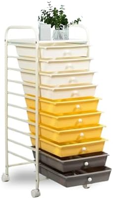 10-Drawer Rolling Storage Cart, Trolley w/Lockable 360° Wheels, 10 Removable PP Drawers, Sturdy Metal Frame, Rolling Utility Cart Perfect for Home, Office, Classroom (Yellow) by BUYNOW