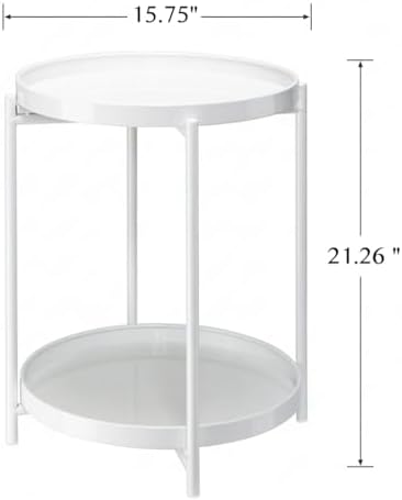 Danpinera 2 Tier Metal Side Table with Removable Tray - Round Accent Table, Anti-Rust White Nightstand for Bedroom, Balcony, Patio - Image 3