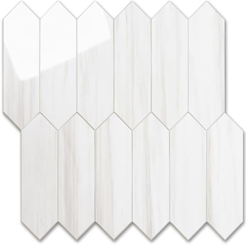 Vamos Tile Glossy Dolomite White Backsplash Tile Peel and Stick, 12.8 x 12.8 Inch 10 Sheets Long Hexagon PVC Self Adhesive Mosaic Wall Tiles Stick on Backsplash for Kitchen and Bathroom by VamosTile