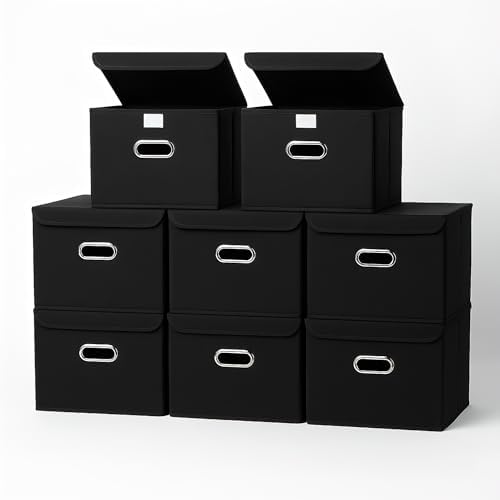 8-Pack Large Collapsible Storage Bins with Lids,Fabric Storage Cubes Organizer for Shelves,Closet,Nursery,Foldable Cube Storage Baskets with Handles,Home Boxes (14.9"x9.8",Black) by SEVENDOME