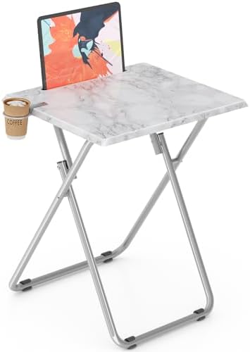 Folding TV Tray Tables, TV Dinner Trays for Eating, Portable Tv Trays with Cup Holder, Folding Tray Side Table, Foldable Snack Table for Bed, Sofa, (White Marble, 1PC) by Fleecy+day