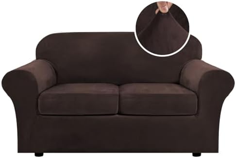 H.VERSAILTEX Real Velvet Plush 3 Piece Stretch Sofa Covers Couch Covers for 2 Cushion Couch Loveseat Covers Width Up to 72 Inch Feature Thick Soft Stay in Place (Medium Sofa, Brown) by HVERSAILTEX