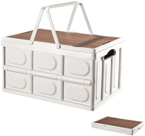 VPTMRP Collapsible Storage Bin with Handles and Wooden Lid, Large Capacity Stackable Utility Crates Holds 33lbs for Outdoor Home Storage Organizing Moving (55L/14.5Gal) by VPTMRP