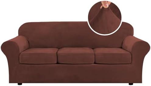 H.VERSAILTEX Modern Velvet Plush 4 Piece High Stretch Sofa Slipcover Sofa Cover Furniture Protector Form Fit Thick Velvet Sofa Cover for 3 Cushion Couch Width Up to 90 Inch (Sofa, Burnt Brick) by HVERSAILTEX