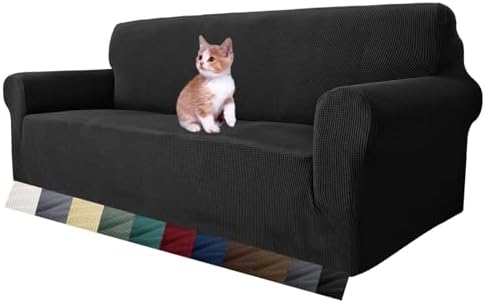 MAXIJIN Super Stretch Couch Cover for 3 Cushion Couch, 1-Piece Universal Sofa Covers Living Room Jacquard Spandex Furniture Protector Dogs Pet Friendly Fitted (Large, Black) by MAXIJIN