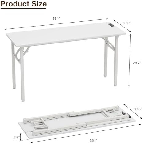 TEMI Long Computer Desk Folding Table - No Assembly, Compact 55.1" Foldable Desk with Power Outlets & USB Charging Port, Portable Lagre Office Desk, Ideal Large Study Table for Narrow Spaces,White Ash - Image 2