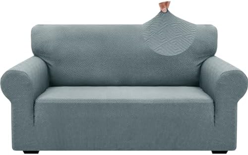 ZNSAYOTX 1 Piece Jacquard Couch Covers for 2 Cushion Couch High Stretch Loveseat Slipcover for Pets Dogs Anti Slip Love Seat Sofa Slipcover Furniture Protector (Medium, New Pattern Light Grey) by ZNSAYOTX
