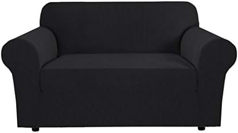 H.VERSAILTEX Stretch Couch Cover Slip Covers for Sofas/Couches 2 Cushions Pet Couch Covers for Sofa 1 Piece with Elastic Bottom, Textured Checked Jacquard Fabric(Loveseat 58"-70" Wide, Black) by HVERSAILTEX
