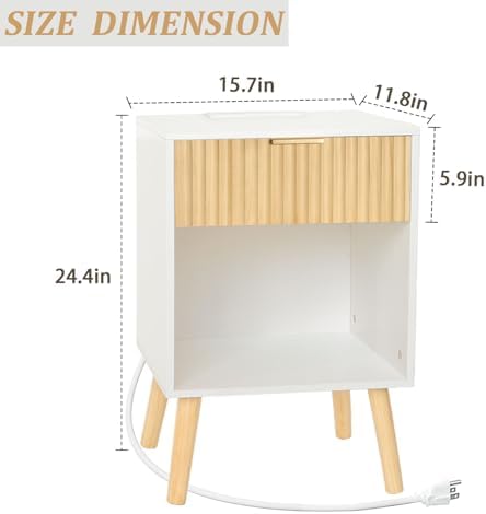 Fultyle Night Stand with Charging Station, Fluted Bedside Table with Drawer - Image 2