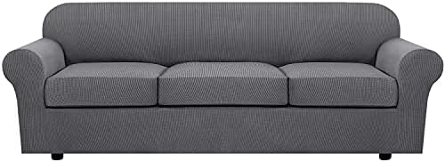 H.VERSAILTEX 4 Piece Stretch Sofa Covers for 3 Cushion Couch Covers for Living Room Furniture Slipcovers (Base Cover Plus 3 Seat Cushion Covers) Upgraded Thicker Jacquard Fabric (XL Sofa, Grey) by HVERSAILTEX