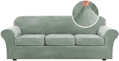 H.VERSAILTEX Velvet 4 Piece High Stretch Sofa Slipcover Cover Furniture Protector Form Fit Luxury Thick Velvet Extra Large Sofa Cover for 3 Cushion Couch Width Up to 105 Inch (XL Sofa, Sea Grass) by HVERSAILTEX