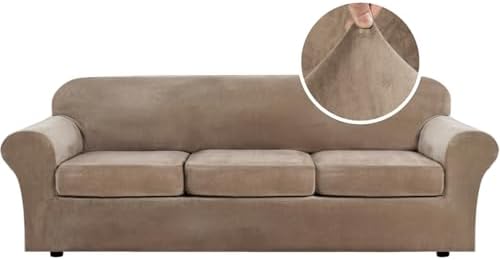 H.VERSAILTEX Velvet Plush 4 Piece High Stretch Sofa Slipcover Cover Furniture Protector Form Fit Thick Velvet Extra Large Sofa Cover for 3 Cushion Couch Width Up to 105 Inch (XL Sofa, Camel) by HVERSAILTEX