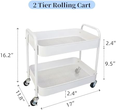 2 Pack Two Tier Rolling Cart with Wheels Small Pantry Floor Organizer Under Desk Storage Metal Short Utility Cart for Small Space, Kitchen Shelf Laundry Room Bathroom Organization, White - Image 6