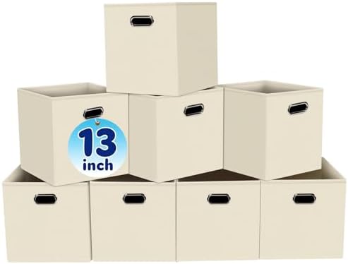 Fabric Cubby Storage Bins,13x13x13 Inches ,Cube Organizer Bin Foldable Storage Boxes with Dual Handles Fabric Organizer Box and collapsible Storage basket,Set of 8,Creamy-White by Yunkeeper