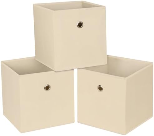 Foldable Storage Cubes Bins ,11 Inch Cloth Storage Cube Fabric Storage Box Cubes Organizer Baskets with Handles for Home Organizer Set of 3 (Creamy-White) by NieEnjoy