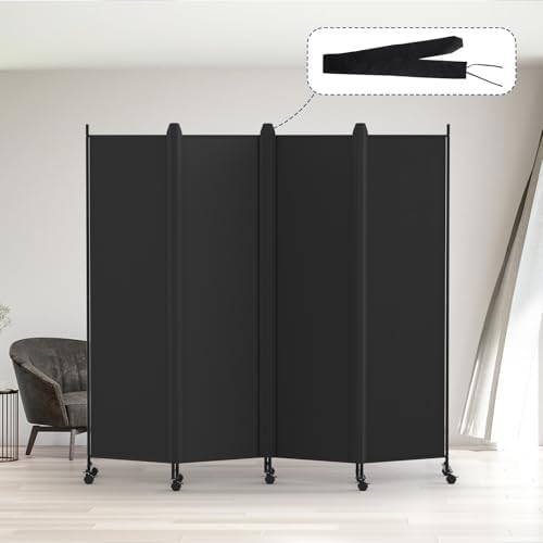 Kokorona 4 Panel Room Divider, 6FT Tall Rolling Privacy Screen with Lockable Wheels, Folding Wall Dividers Portable Room Divider for Room Separation, Included - Cover Strips, Black, 88''W x 70''H by Kokorona