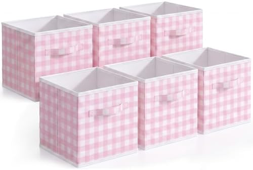 Yalikop 6 Pcs Pink Gingham Cube Storage Bins, 11 Inch Fabric Checkered Classroom Storage Bins Organizer with Handle Preppy Collapsible Cubby Basket for Classroom Home Nursery Playroom Bedroom by Yalikop