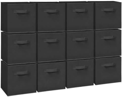 11 Inch Fabric Storage Cubes, Sturdy Foldable Storage Bins, Heavy Duty Cube Organizer for Clothes, Blankets, Shelves, Closets, Bedroom, Living Room, Black, 12 Pack by Unknown