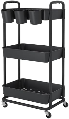 JIUYOTREE 3-Tier Plastic Rolling Storage Cart Utility Cart Black by JIUYOTREE