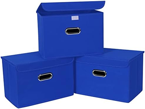 Linen Fabric Foldable Collapsible Storage Cube Bin Organizer Basket Fabric Storage Bins with Lid, Leather Handles, Removable Divider for Home, Closet, Dark Blue 3Pcs by SEVENDOME