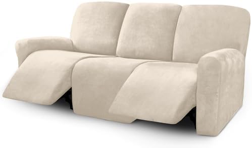 ULTICOR Velvet 8-Pieces Recliner Sofa Covers Stretch Reclining Couch Covers for 3 Cushion Reclining Sofa Slipcovers Furniture Covers Thick Soft Washable (3 Seater Recliner Cover, White) by ULTICOR